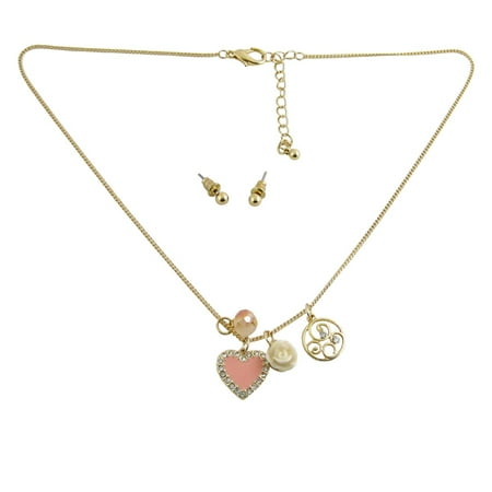 Heart Charm Necklace Earring Set Baby Pink Jeweled