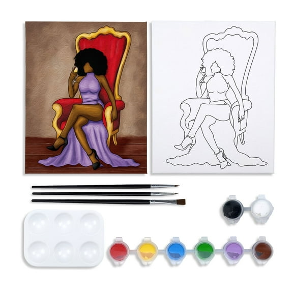 VOCHIC Canvas Painting Kit Pre Drawn Canvas for Painting for Adults Sip and Paint Party Supplies 8x10 Canvas to Paint Afro Queen 8 Acrylic Colors,3 Brush,1 Pallet Art Set Girl King Paint