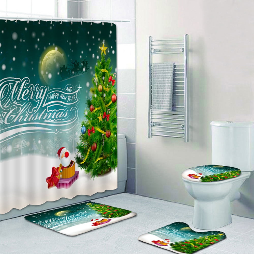 4piece Christmas Shower Curtain Set, Christmas Shower Curtain, Nonslip Bathroom Carpet, Toilet