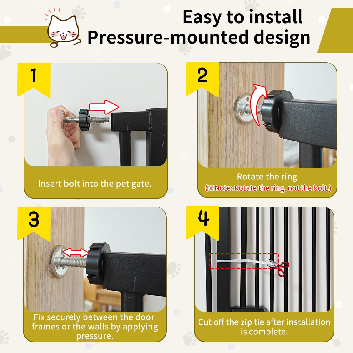 Lumizone Extra Tall Cat Gate 55.12" High Pressure Mounted Black 34.25"-38.38" Extra Wide 2025 New (10 Sizes) 1.37" Gap No Drilling Auto-Close One-Handed Operation Tall Pet Gate for Dogs