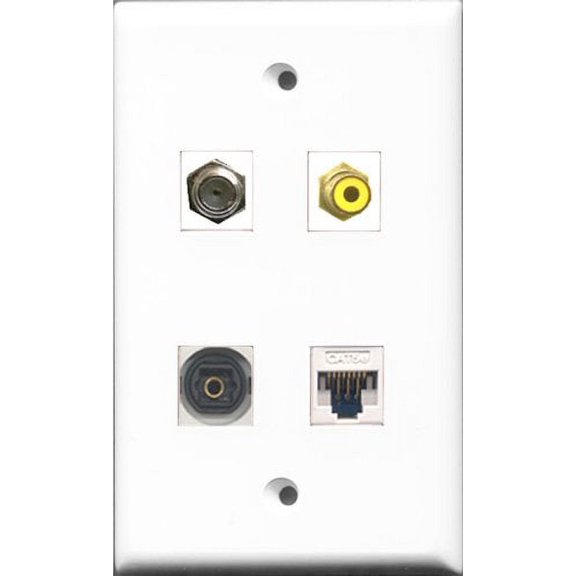 RiteAV 1 Port RCA Yellow and 1 Port Coax Cable TV- F-Type and 1 Port Toslink and 1 Port Cat5e Ethernet White Wall Plate