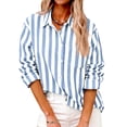 thumbnail image 2 of Women's Striped Button Down Shirt Long Sleeve Casual Linen Blouse Loose Fit Office Work Wear Spring Summer Outfit Light Blue S, 2 of 6