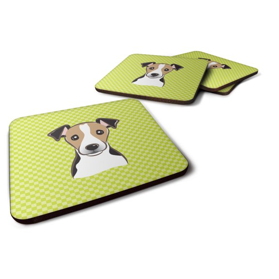 Carolines Treasures BB1323FC Checkerboard Lime Green Jack Russell Terrier Foam Coaster Set of 4 3 1/2 x 3 1/2 multicolor