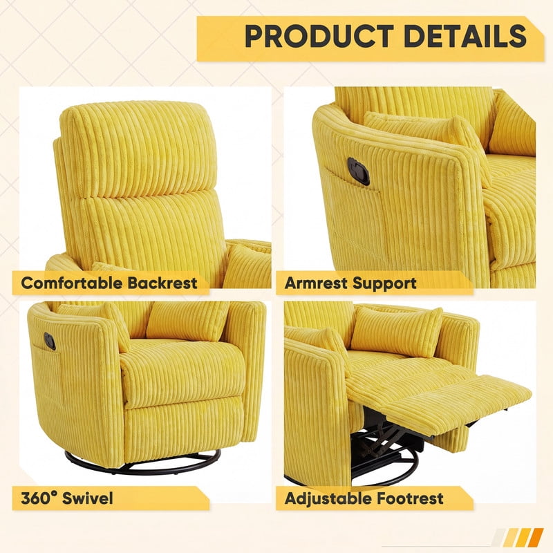 Furmax 360° Swivel Recliner Power Massage Rocker Chair Adult Glider Rocker with 2 Comfy Pillows for Nursery,Corduroy Yellow