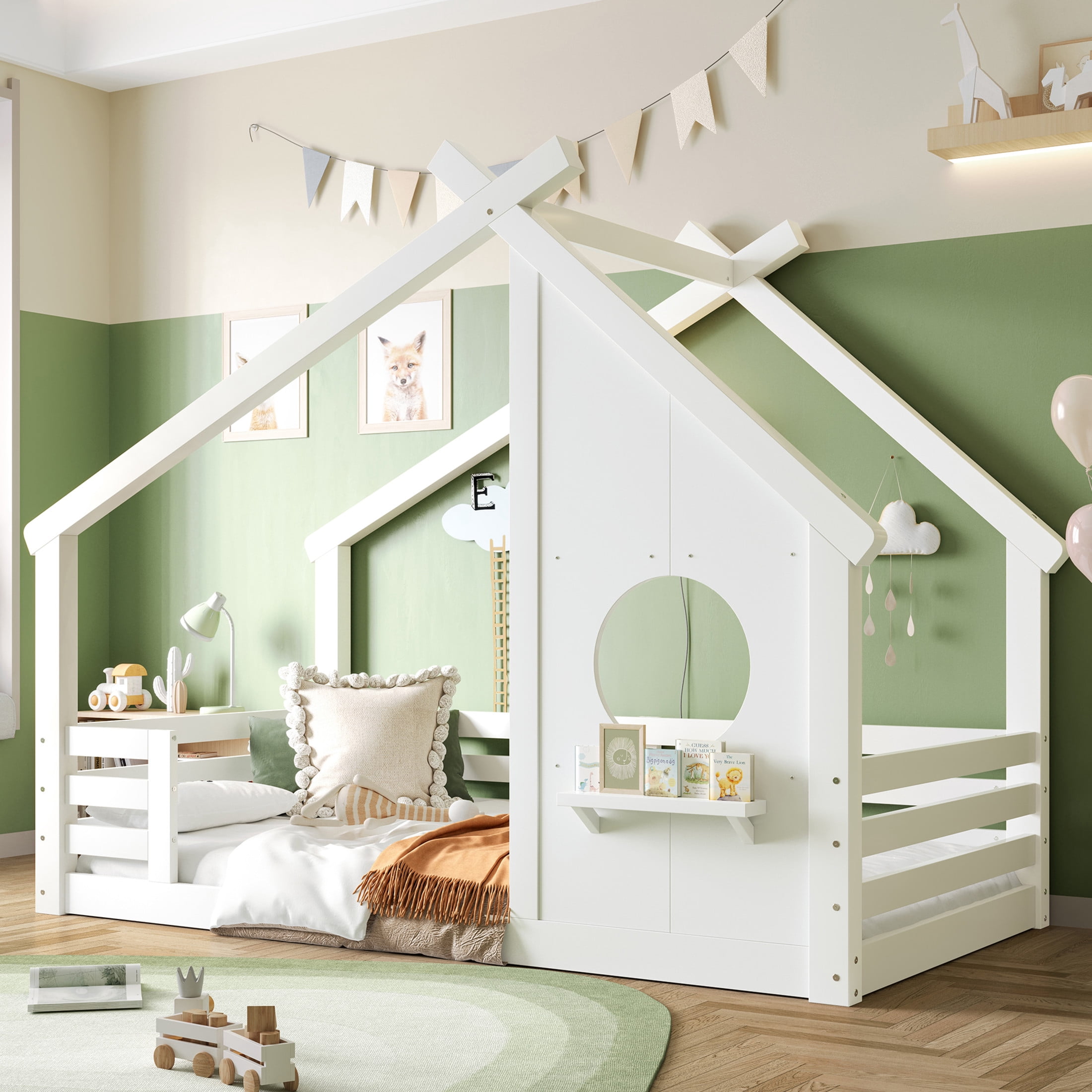 Noble House Twin House Floor Bed with Small Shelf, Montessori Kids Bed Frame, White
