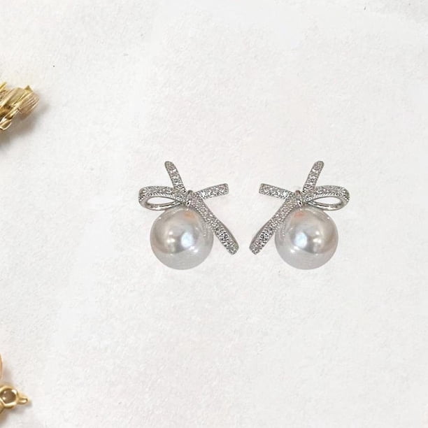Pendientes de lazo para mujer, pendientes de lazo con diamantes de imitación, accesorios delicados y modernos, pendientes de lazo de perlas para , Plata