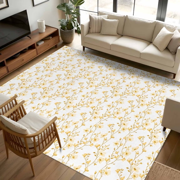 8x10 Area Rugs Yellow Spring Floral Non-Skid Rubber Backing Large Rectangle Rugs - Living Room Bedroom Home Office, Elegant Watercolor Summer Botanical Indoor Floor Mat Carpets Washable Rug