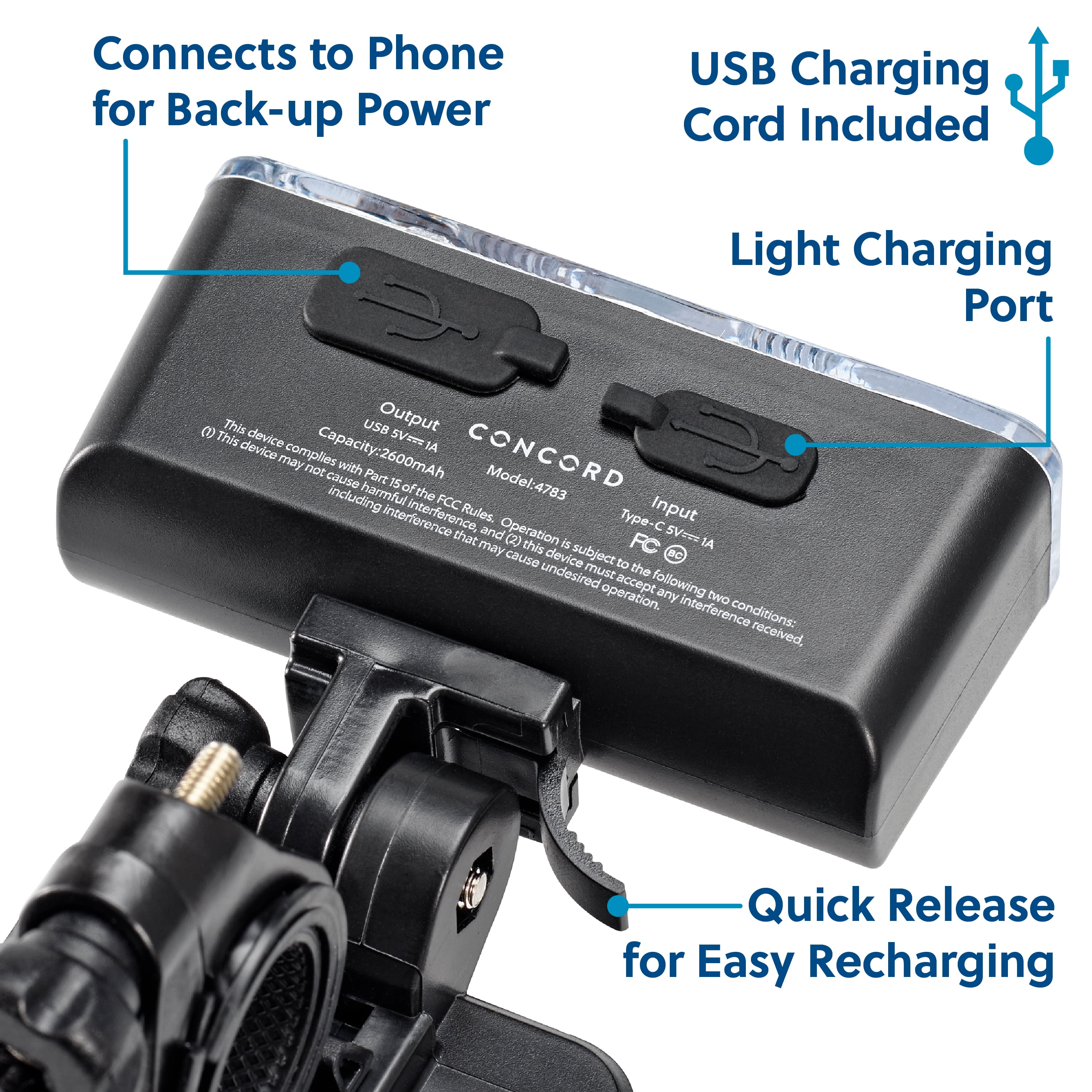 Concord Rechargeable Bike Phone Holder with Front Light, 200 Lumens, Backup Battery