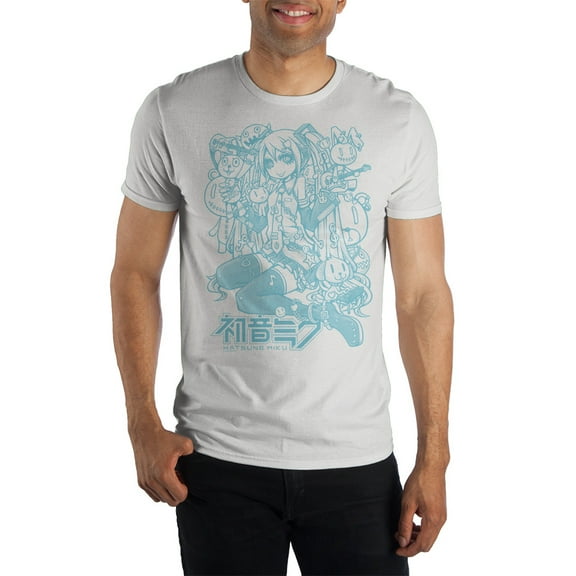 Hatsune Miku Blue Line Art Crew T-Shirt, Vocaloid Star with Cute Animals Accessory Stylish-Medium