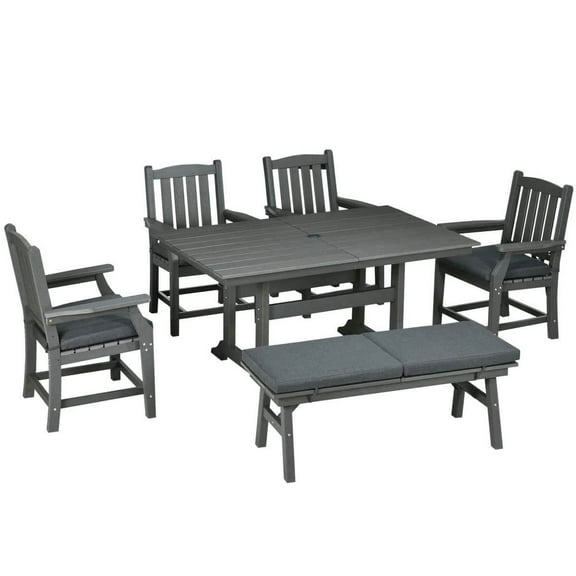 Spaco 6 Pieces Patio Dining Set, 6 Seater Outdoor Table and Chairs, Conversation Furniture with Armrests and Loveseat Bench, Dinner Table with Umbrella Hole for Outdoor, Dark Gray