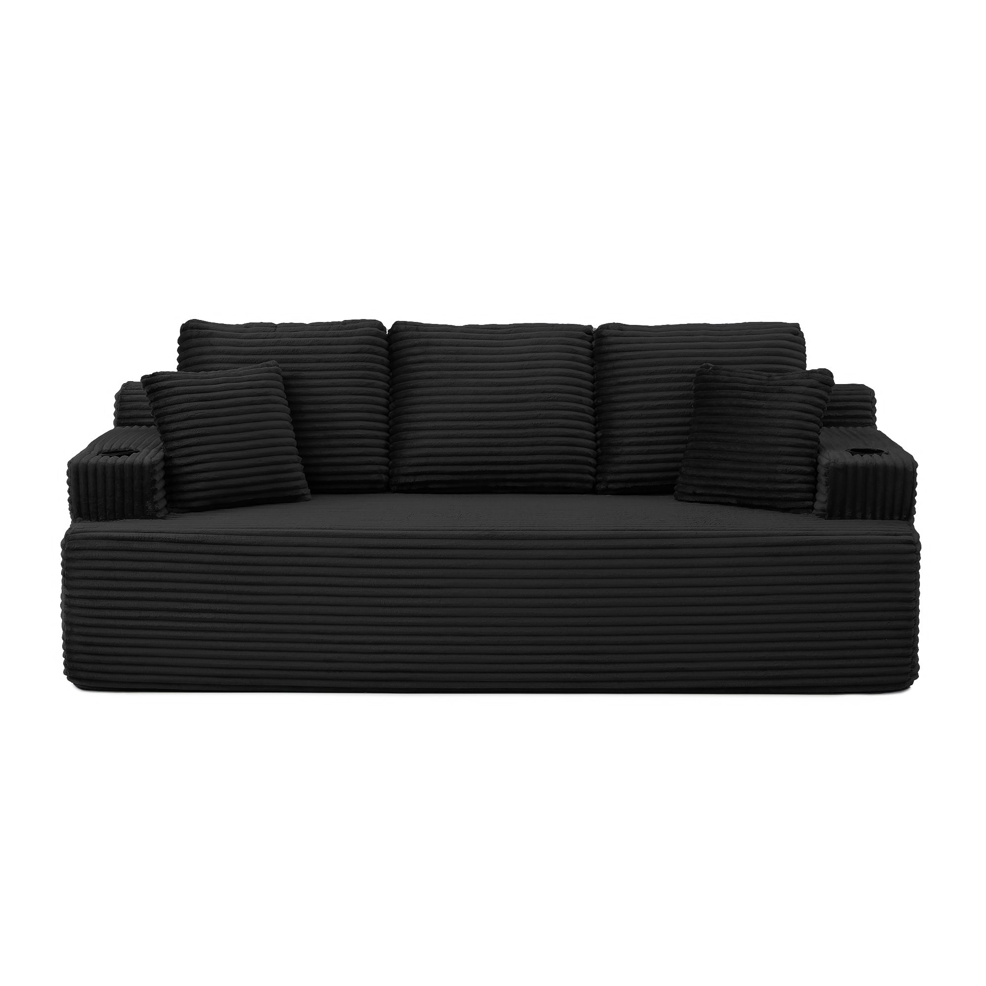 Boneless Sofa, 3-Seater Floor Couch with Cup Holders and Side Pockets, Corduroy Fabric No Assembly Sofa for Living Room or Dorm, 86.2 Inch, Black