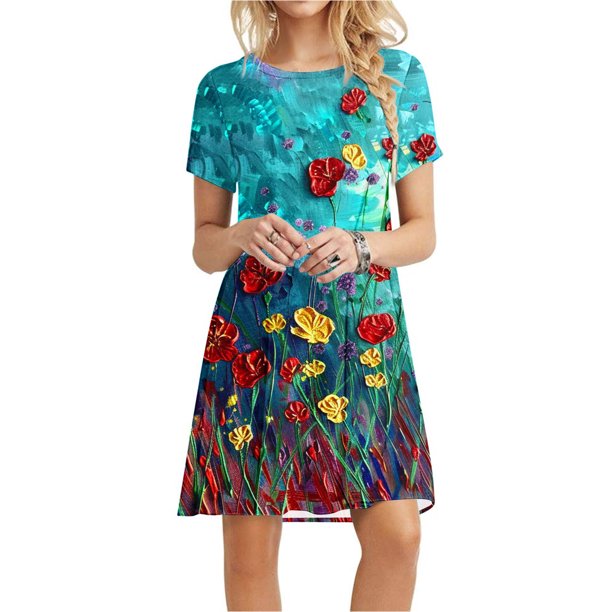 Puntoco Vestido De Manga Corta Para Mujer Vestido De Cuello Redondo Con Estampado Floral Vestido De Cuello Redondo De Manga Corta Color L,Regalos Para Mujer Joven