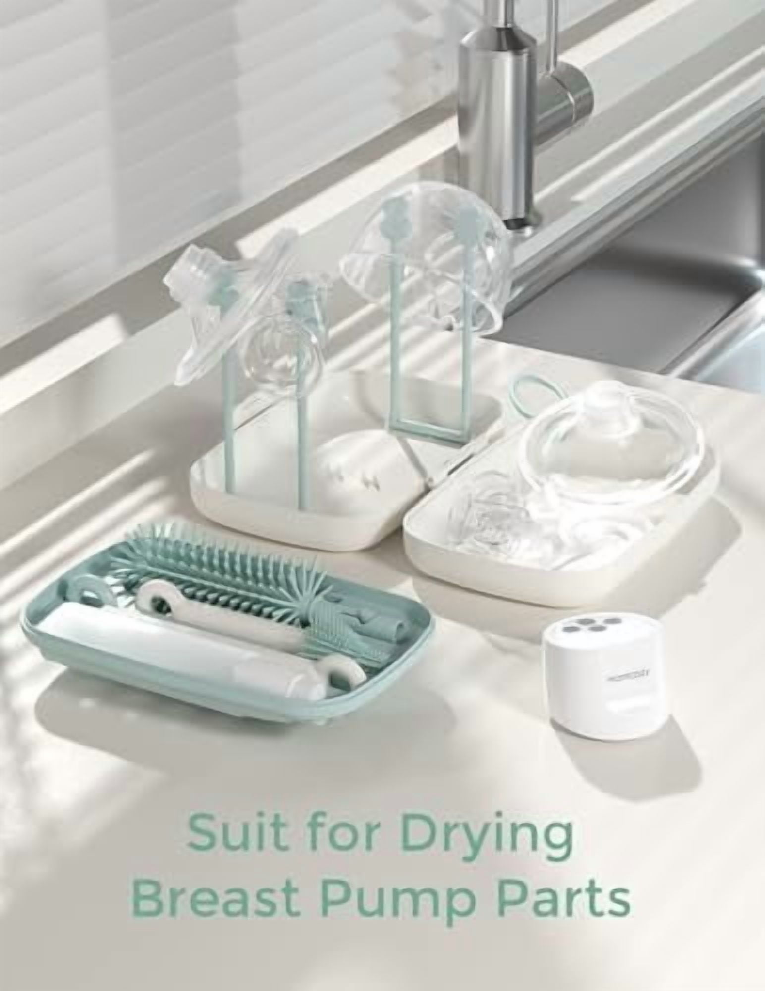 Bottle Brush Set - Baby Bottle Cleaner Kit with Silicone Brush, Nipple Brush, Straw Brush, Soap Dispenser, Drying Rack - 7 in 1 Bottle Cleaning Tool for Home and Travel, Green