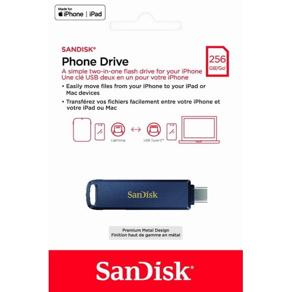 Open Box SanDisk Phone Drive 256GB USB Flash Drive for iPhone**, Lightning and USB Type-C, Metallic Sky