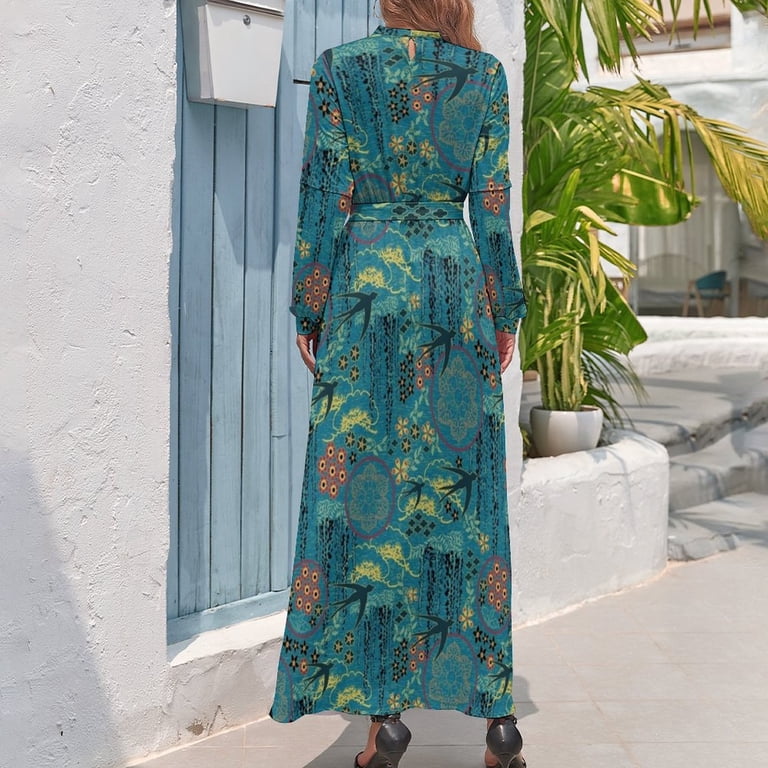 Japanese Garden in Teal Gold Red and Black Long Dress womans clothing  women's evening dress 2024 evening dresses women - Walmart.com