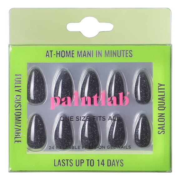 PaintLab Short Almond Press On False Nails, Night Crawler, Black, 30 Count
