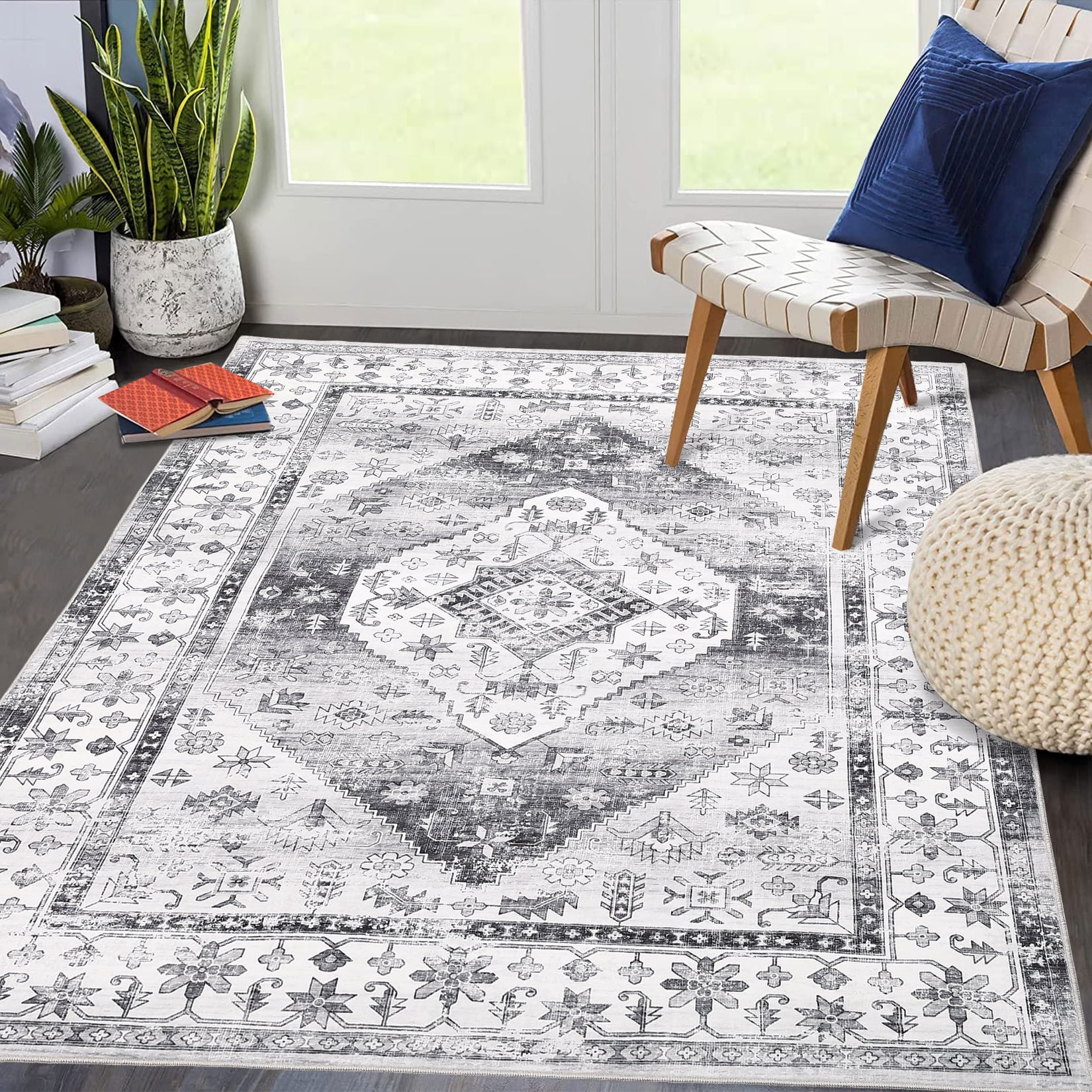 ZACOO 8'x10' Washable Rug Non Slip Vintage Oriental Rug Foldable Rug Retro Medallion Carpet for Living Room Bedroom,Grey