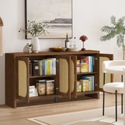 Rattan Sideboard with Storage, Buffet Cabinet with 4 Doors, TV Console with Adjustable Shelves for Living Room, Kitchen, Entryway