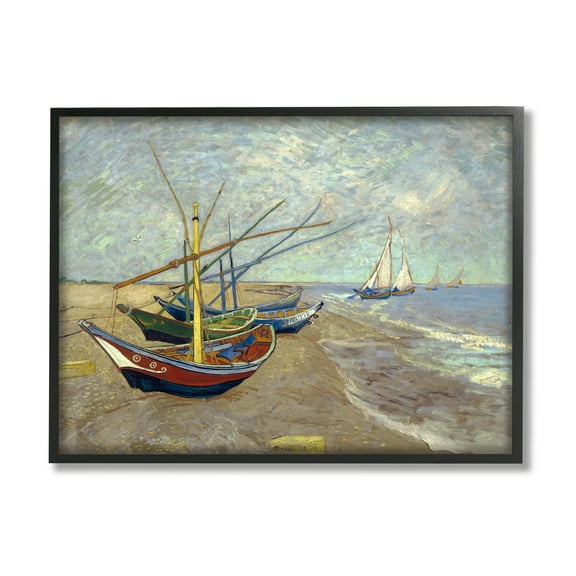 Stupell Industries Fishing Boats on Beach Saintes Maries Vincent van Gogh Painting Painting Black Framed Art Print Wall Art, Design by one1000paintings