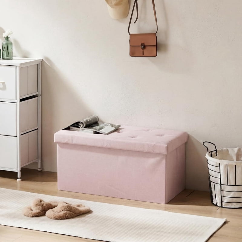 Kelno 30" Foldable Storage Ottoman Bench Linen Footrest Stool with Foam Padded Seat, Pink