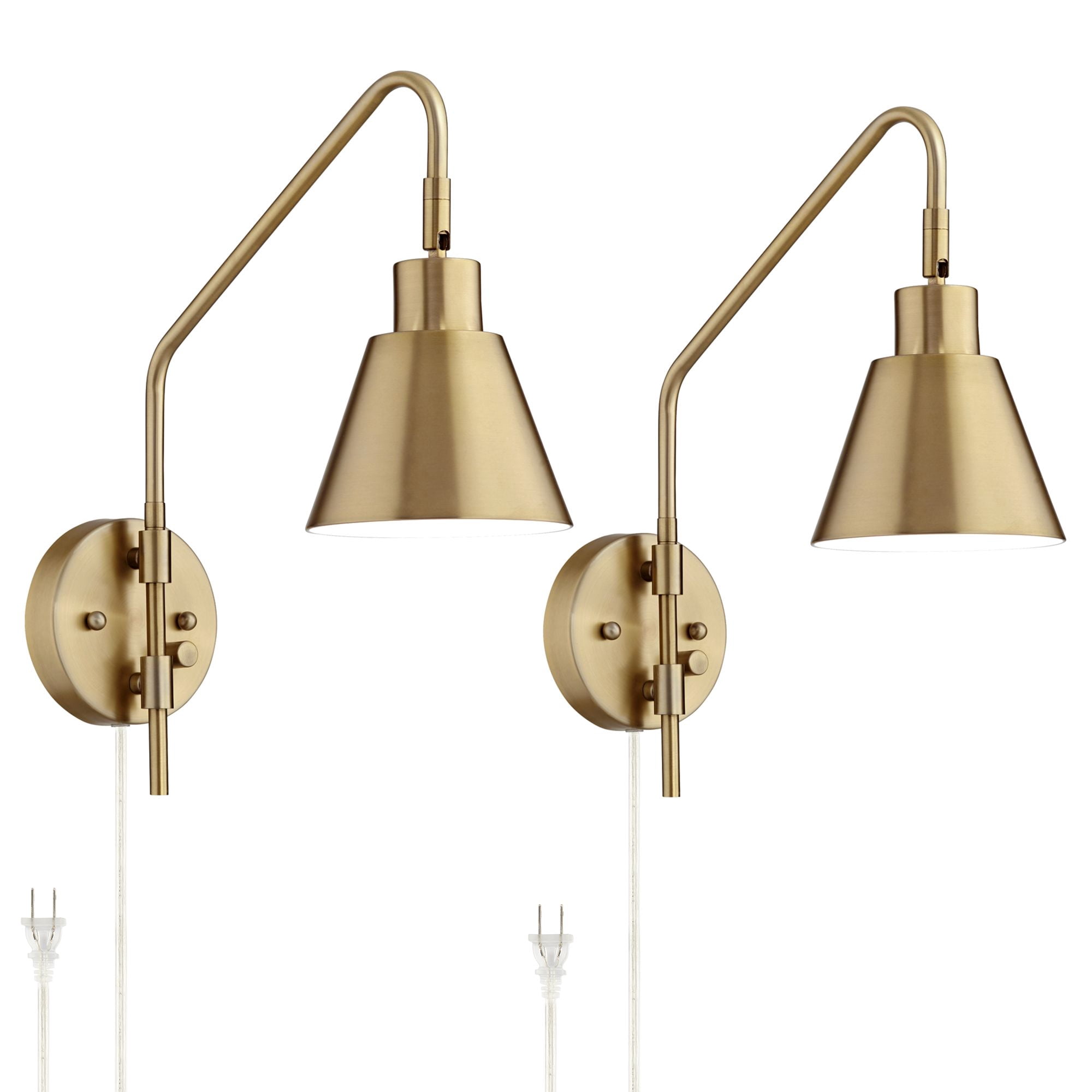360 Lighting Marybel Modern Swing Arm Wall Lamps Set of 2 Brass Plug-in Light Fixture Tapered Metal Shade for Bedroom Bedside Living Room Reading Home