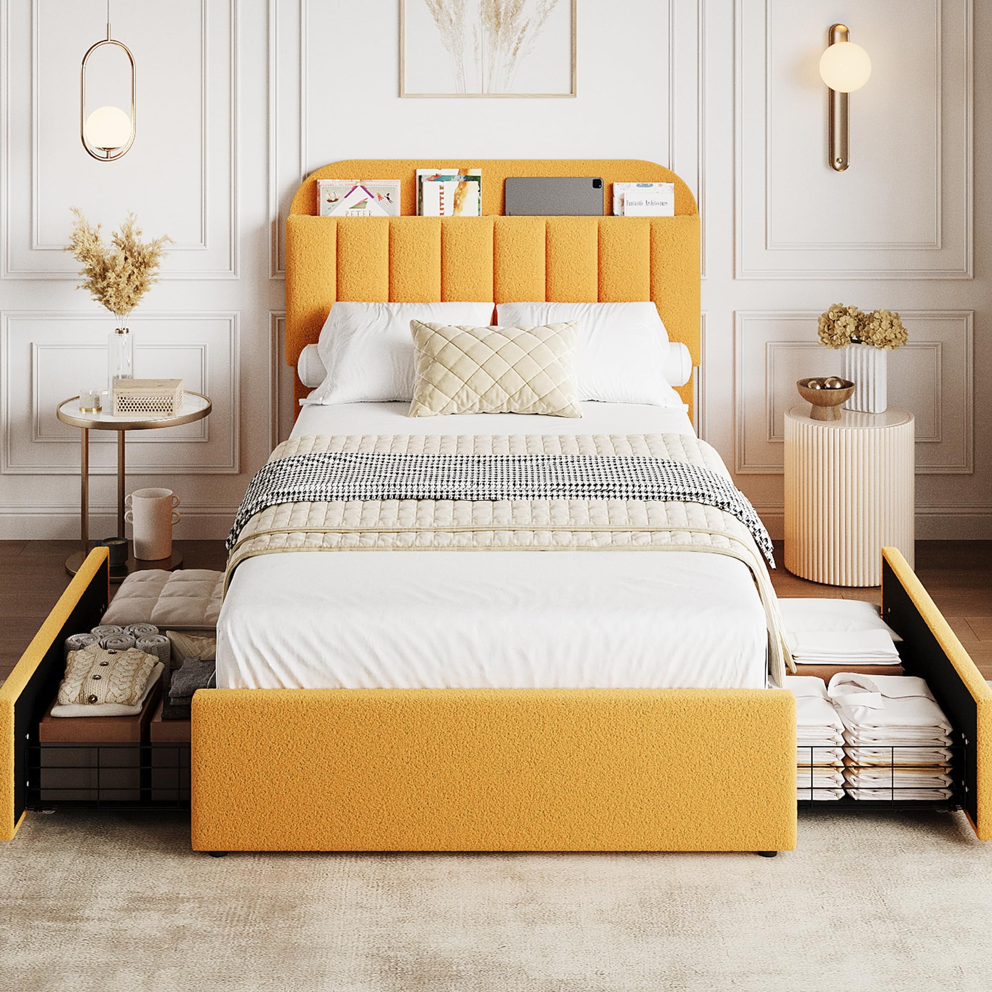 Twin Upholstered Platform Bed with Storage Headboard & Drawers – Boucle Bed Frame, Modern Design, No Box Spring Needed, Easy Assembly- Twin Size, Yellow