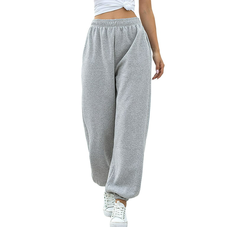 JYYYBF Fleece Baggy Sweatpants for Women Elastic High Waisted Casual Long  Joggers Trousers Workout Active Lounge Pants Grey S