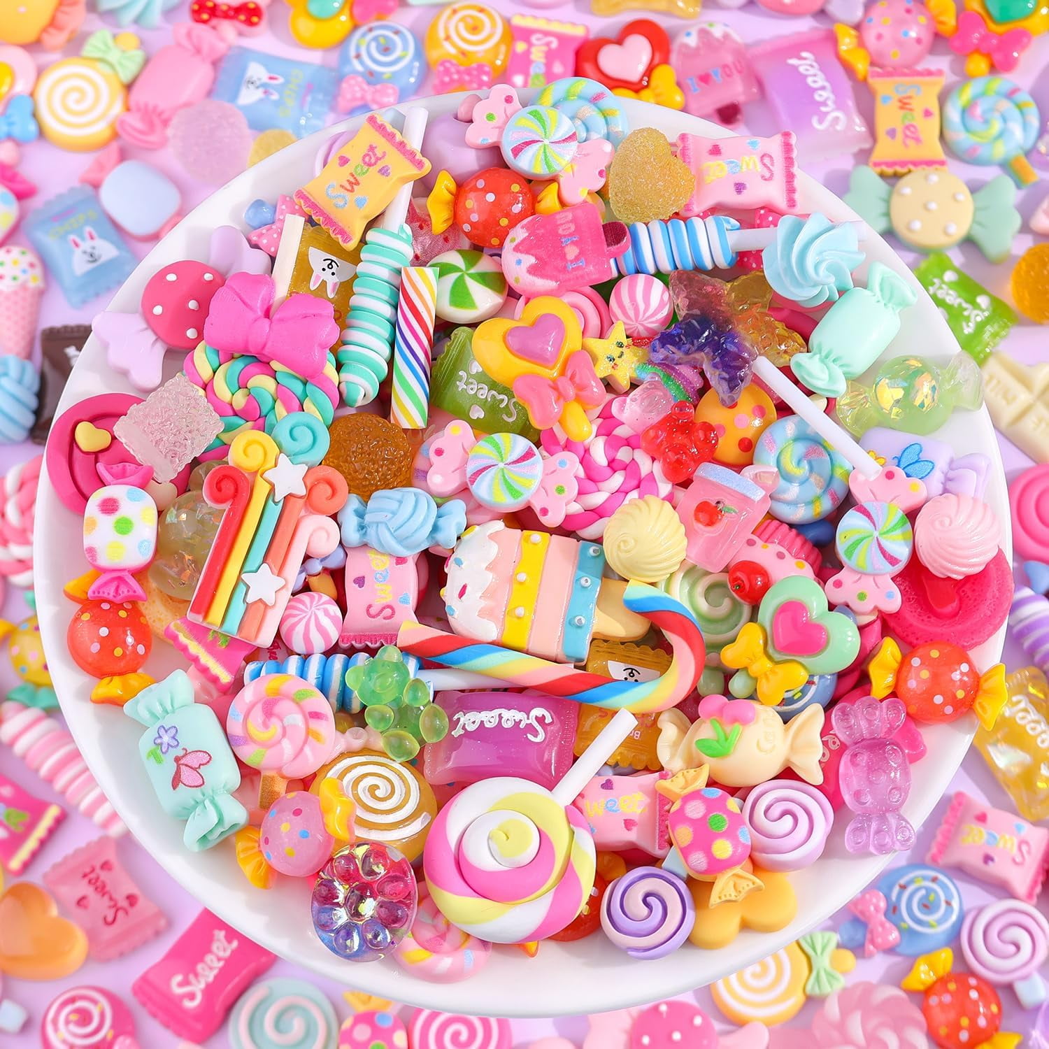 MEC 120Pcs Candy Slime Charms Assorted Cute Decoden Embellishments, Kawaii Slime Accessories,Bulk Lollipop Bow Rainbow Flatback Resin Charm for Phone Junk Cases,Scrapbooking Crafting & DIY Decoration