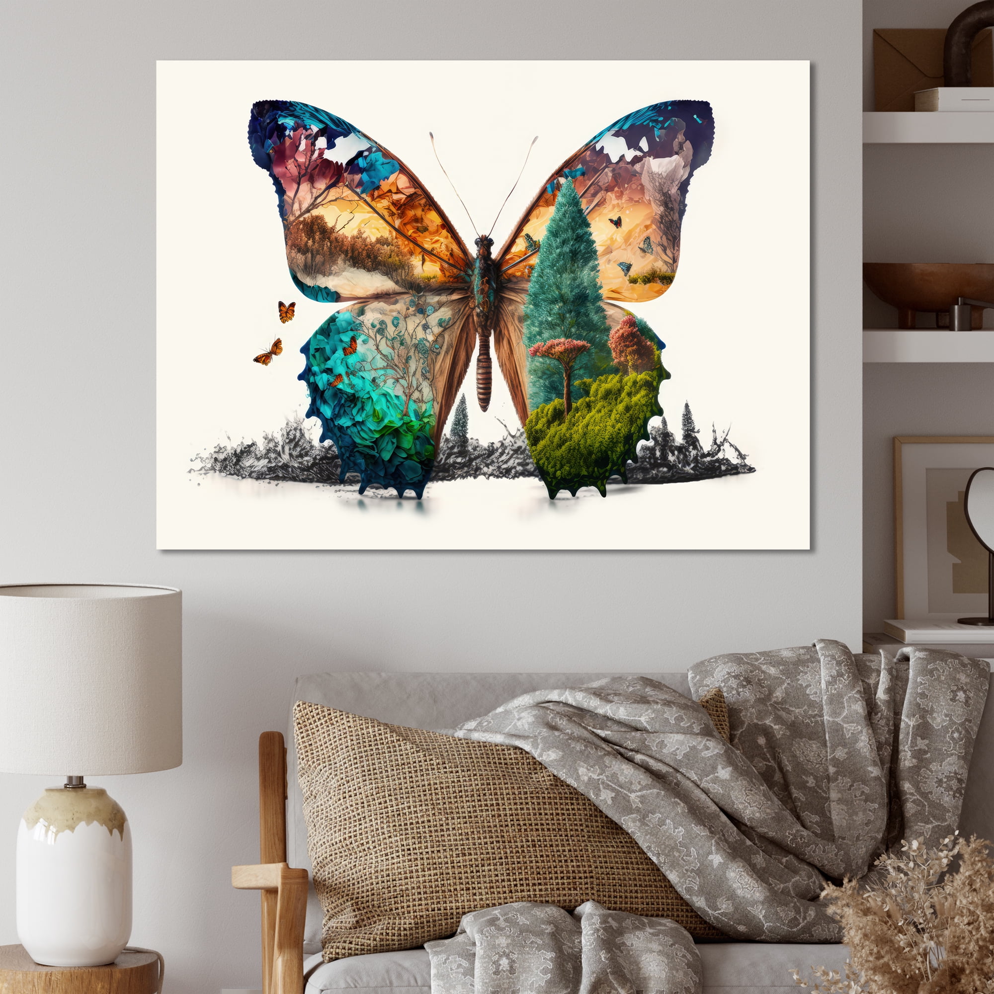 Designart Double Exposure Of A Butterfly With Nature Landscape I Canvas Wall Art