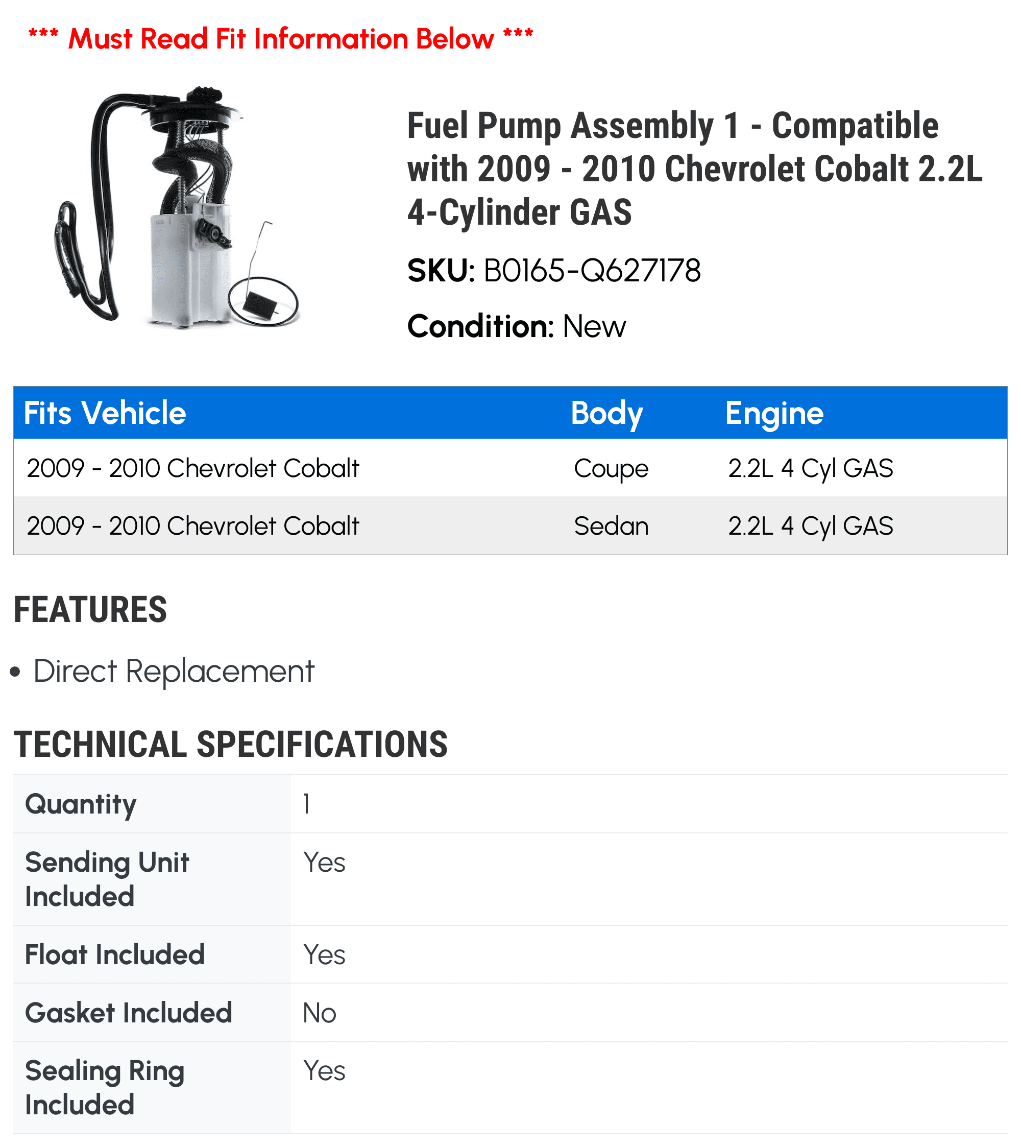 Fuel Pump Assembly 1 - Compatible with 2009 - 2010 Chevrolet Cobalt 2.2L 4-Cylinder GAS - Autopart Premium
