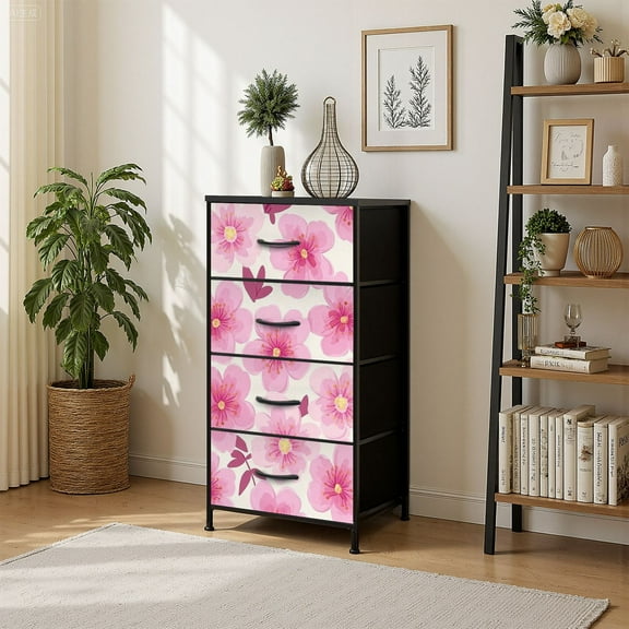 4 Drawer Vertical Storage Dresser Cherry Blossom Flowers Modern minimal floral pink with Wood Top Fabric Pull Drawers