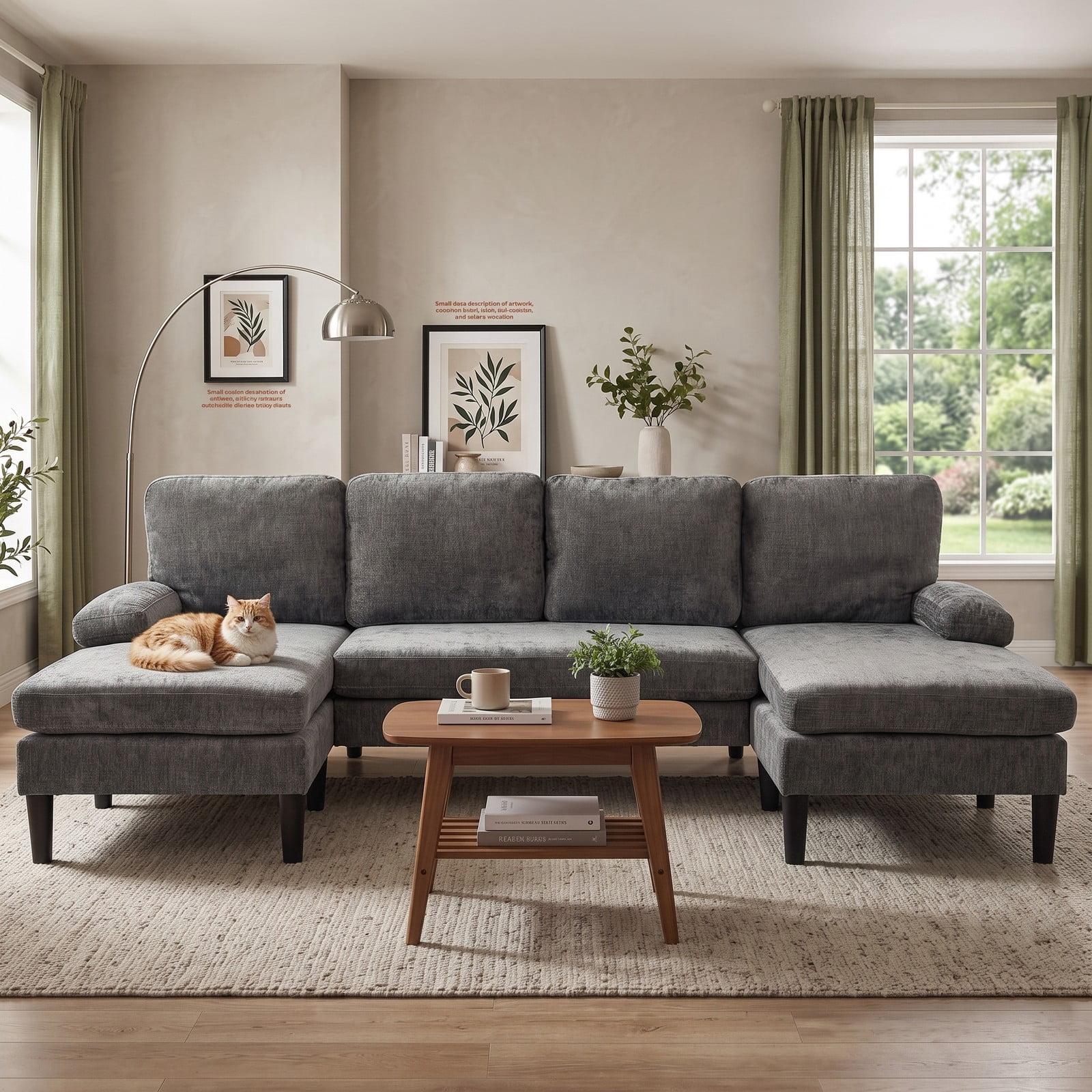 Furnibear U-Shaped Sectional Sofa Couch with Double Chaise Lounge, Modern Chenille Upholstered Modular Deep Seat Sectional Set for Living Room Apartment, Holds, Gray
