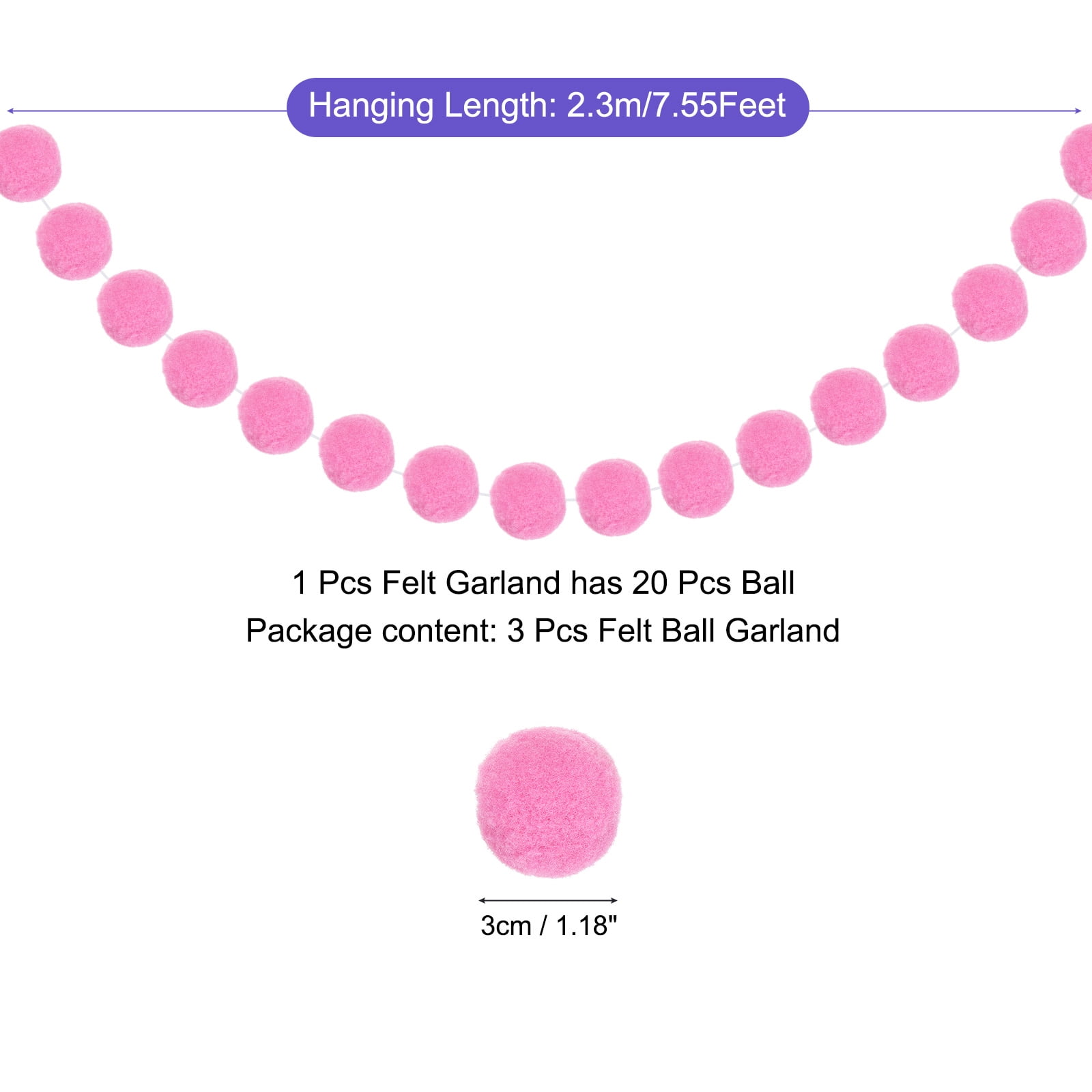 Uxcell 3Pcs Felt Ball Garland Pink Pom Pom Garland Handing Balls 7.55 Feet  Long 20 Balls for Christmas