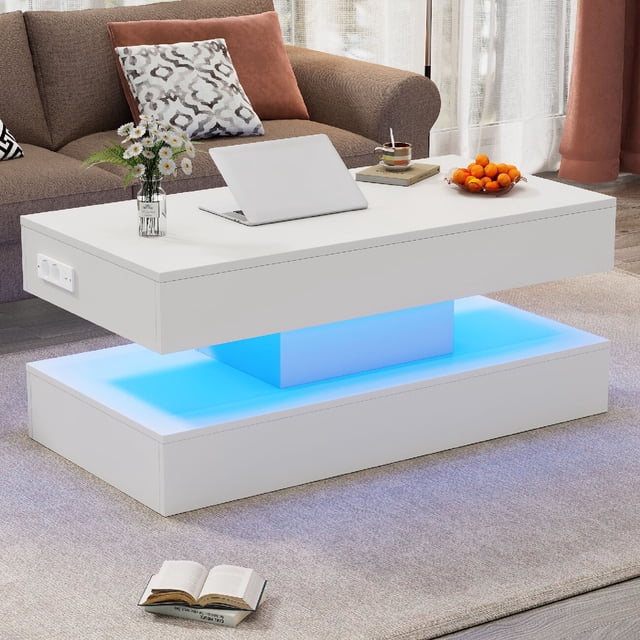 Morufur Lift Up Coffee Table with Hidden Storage, Modern Rectangle Coffee Tables with LED Lights for Living Room, White