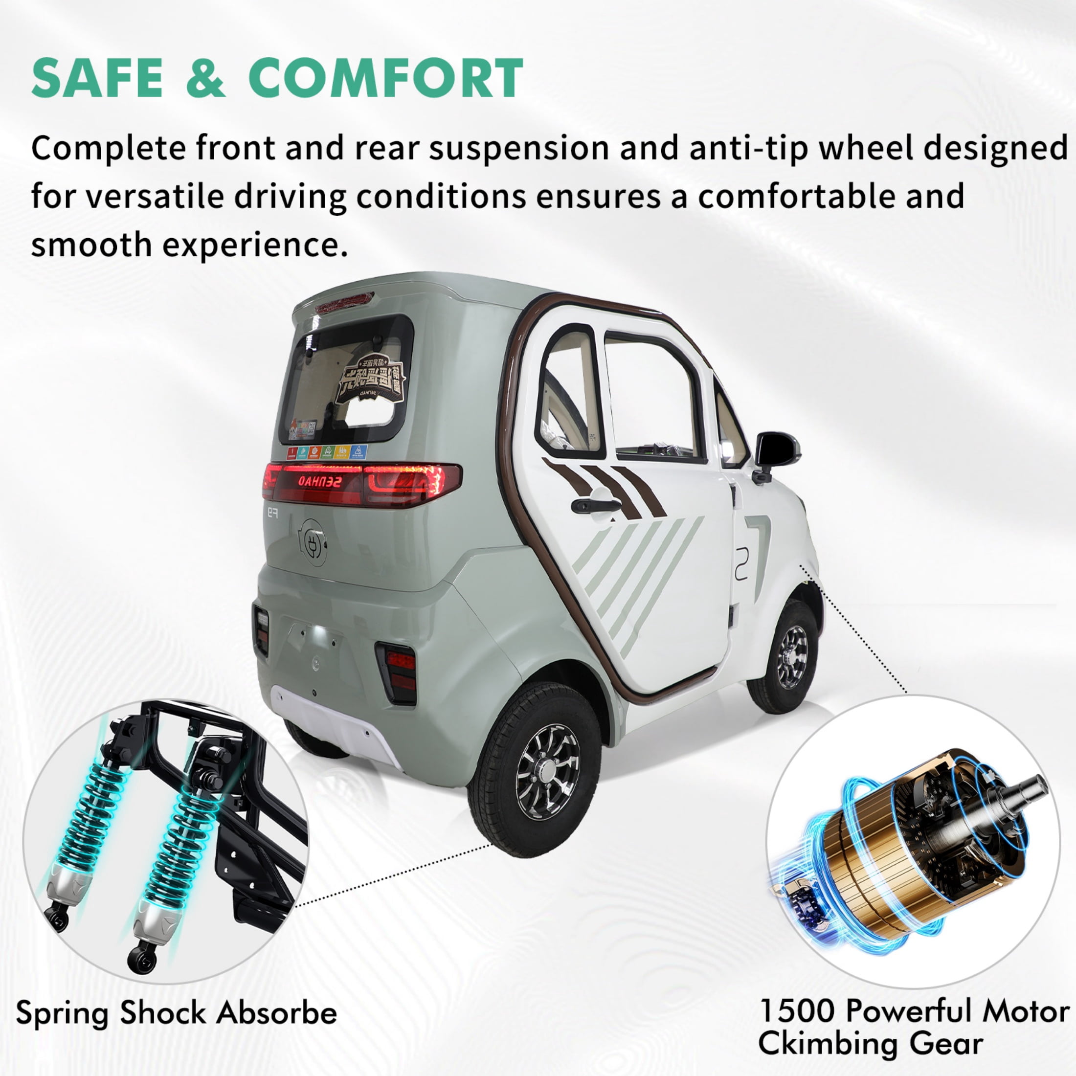 QEEKA Enclosed Mobility Scooter for Seniors,Outdoor 4 Wheel 3 Passenger Adults Elderly Powered Mobility Scooters Golf Cart 1500W,Handicap Scooters for Adults Backup Camera,Heat,Community Car,White
