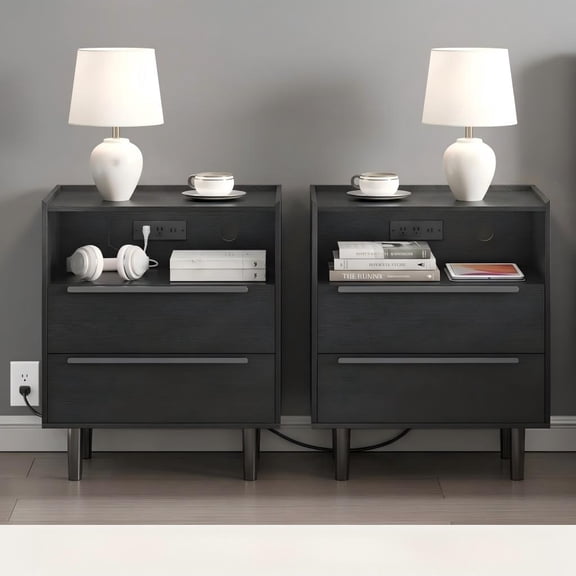 YAURA 2 Pack 26" Tall Nightstand with Charging Station, 2 Drawer Black Bedside Table with Tray Top, USB & Type-C Ports, AC Outlets, and Open Shelf for Bedroom or Living Room