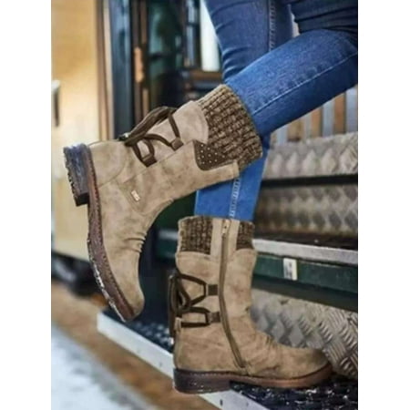 

UKAP Womens Mid Calf Boots Flats Low Heels Lace Up Shoes Winter Warm Boots Shoes Size