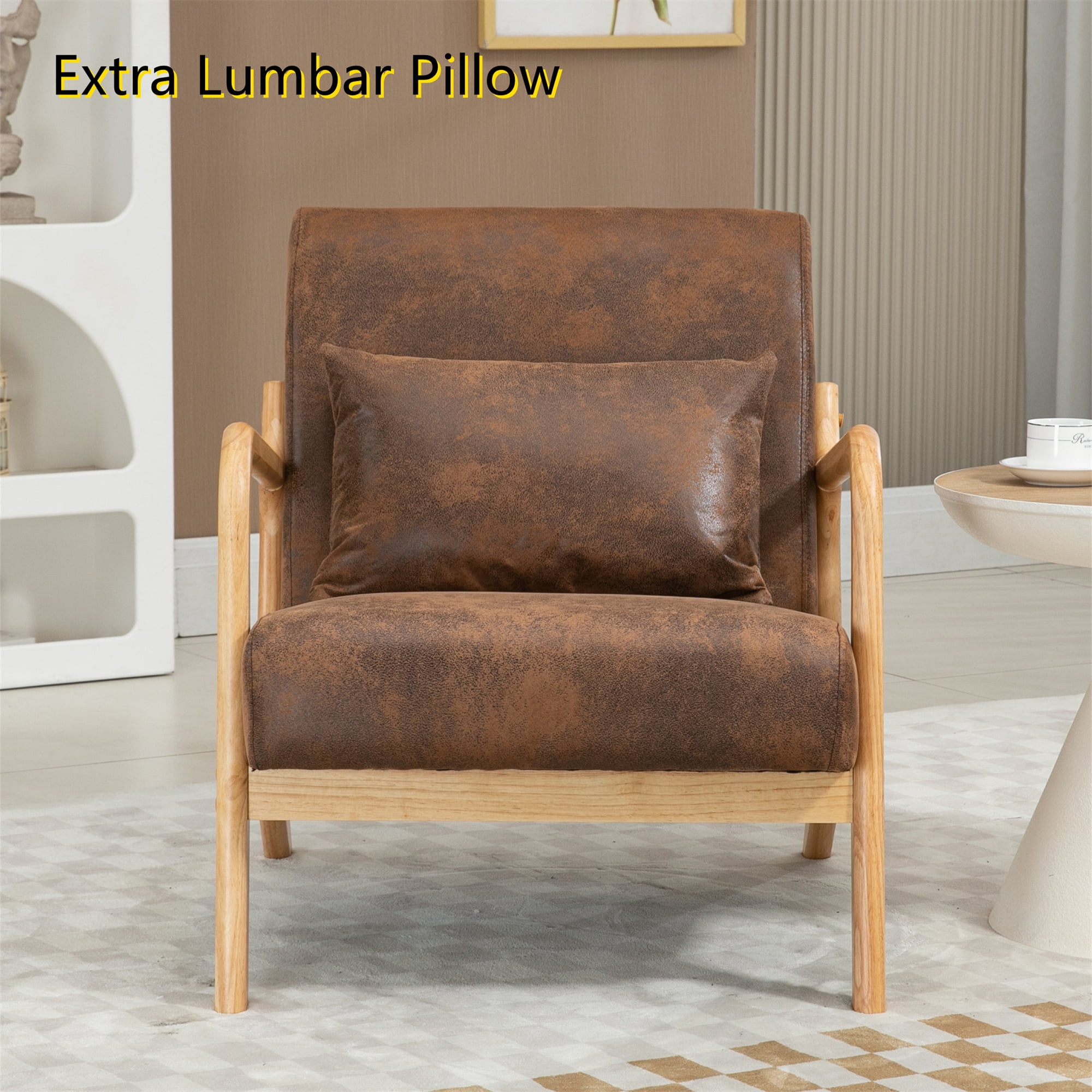 Aukfa Mid Century Modern Accent Chair w/ Lumbar Pillow for Living Room, Wood Frame, Leather, Brown