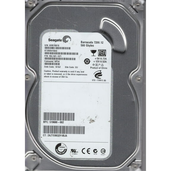 ST3500418AS, 6VM, SU, PN 9SL142-021, FW HP34, Seagate 500GB SATA 3.5 Hard Drive