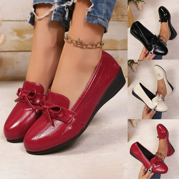 Eltusu Women Loafer Flat Shoes, Breathable Bow Round Toe No Slip Dress Shoes Wine Size 5.5-9.5