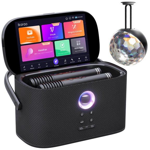 Ikarao Portable Karaoke Machine for Adults with Disco Ball Party Light, Built-in Lyrics Display Screen, 2 Wireless Microphones, 140W Speaker, HDMI TV Connection, Karaoke App, Bluetooth 5.4