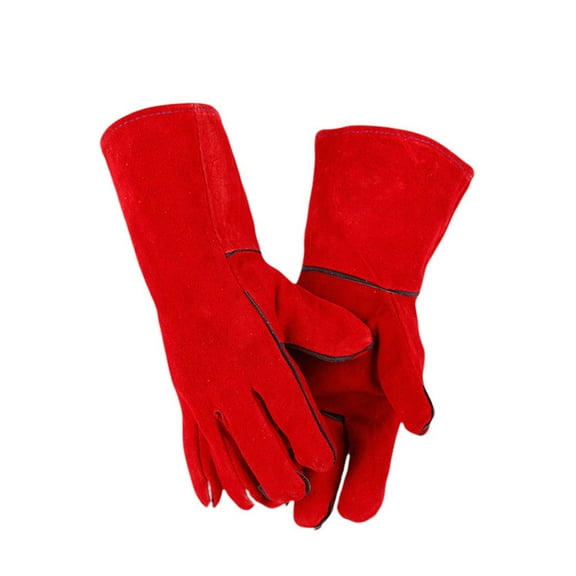 Leather Gloves Dark Red Fireplace Stove Cleaning Gloves Welds Seams Long-Lined Welding Glove Are Extremely Warm