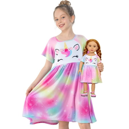 

Doll and Girl Matching Nightgown Unicorn Outfit Pajamas Night Dress for Girls and 18 Dolls Clothes 6-7 Years Colorful Purple