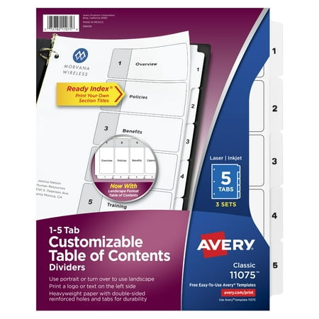 - Avery Customizable Table of Contents Dividers, Ready Index Printable Section Titles, Preprinted 1-5 White Tabs, 3 Sets (11075)