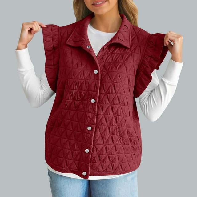 Mevxay Veste Sans Manches à Volants pour Femmes, Gilet Matelassé à Boutons, Tendance Automne Hiver, Col à Revers, Vin 2TG