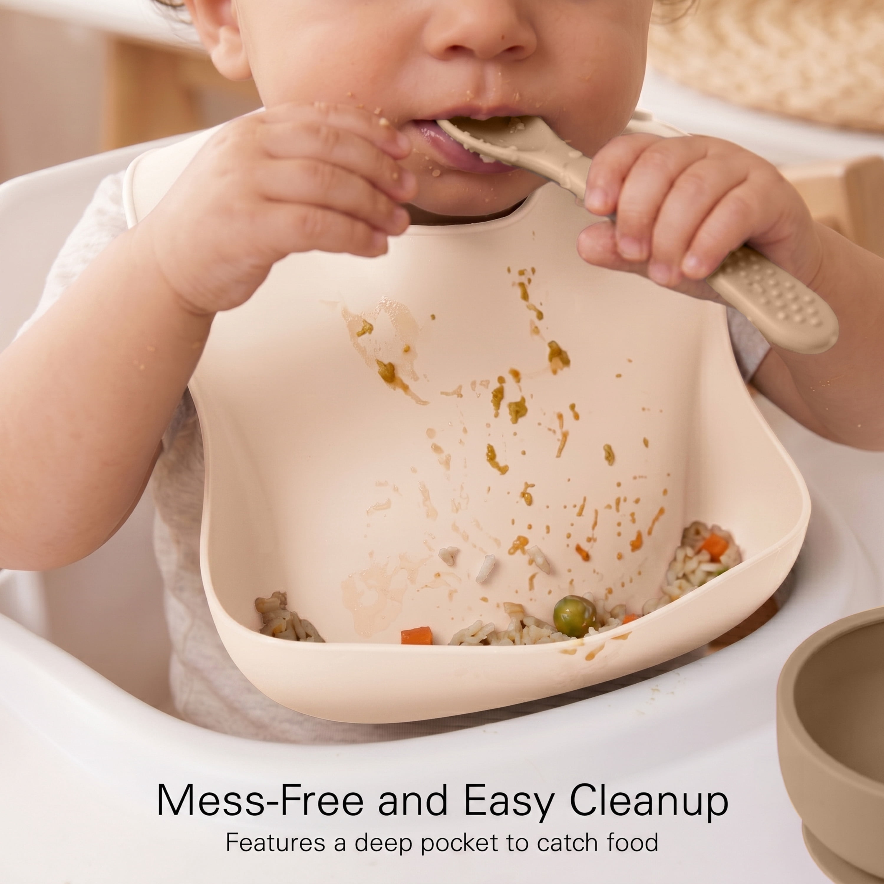 Baby Feeding Set, Silicone Bib, Bowl & Spoons for Self-Feeding First Stage Baby Essentials – Gum Friendly, BPA-Free, Easy to Clean & Safe for Babies, Tan