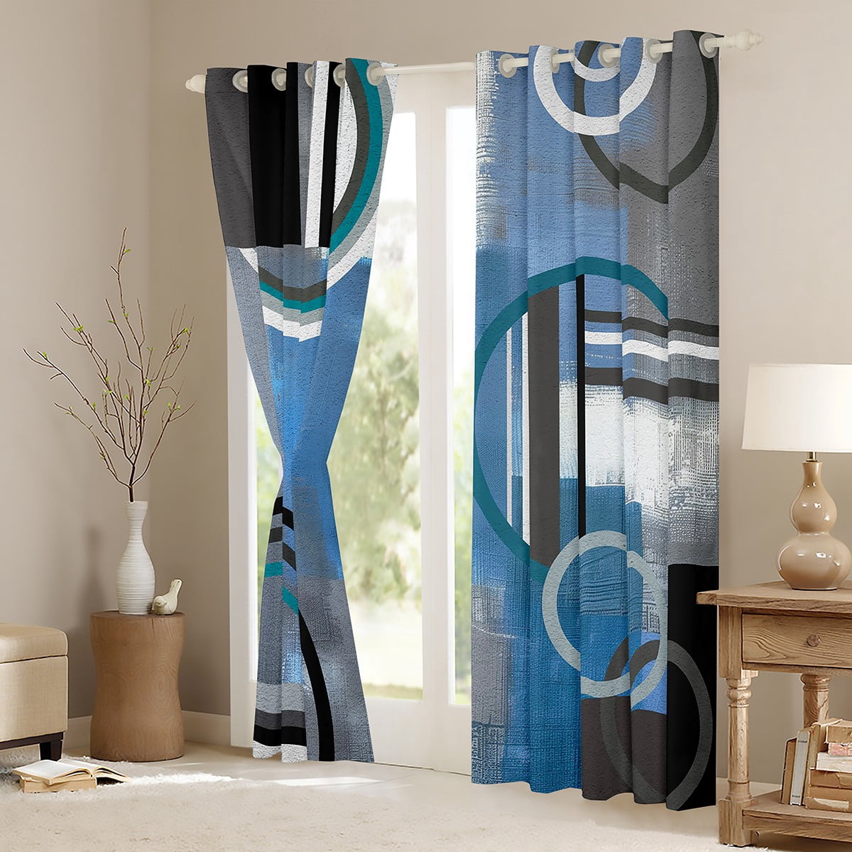 Blue Black Gray 30%-50% Blackout Curtains,Ombre Watercolor Geometry Curtains,Geometric Stripe Circles Window Curtains & Drapes,Oil Painting Window Treatments,Modern Artwork Darkening Curtains 42"X63"