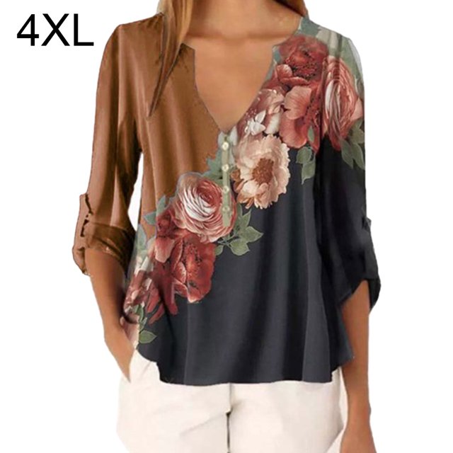 Blusa Camisa con cuello en V y estampado floral Blusa suelta de manga larga Top de mujer, Café, 4XL Eigraketly AP002021-47