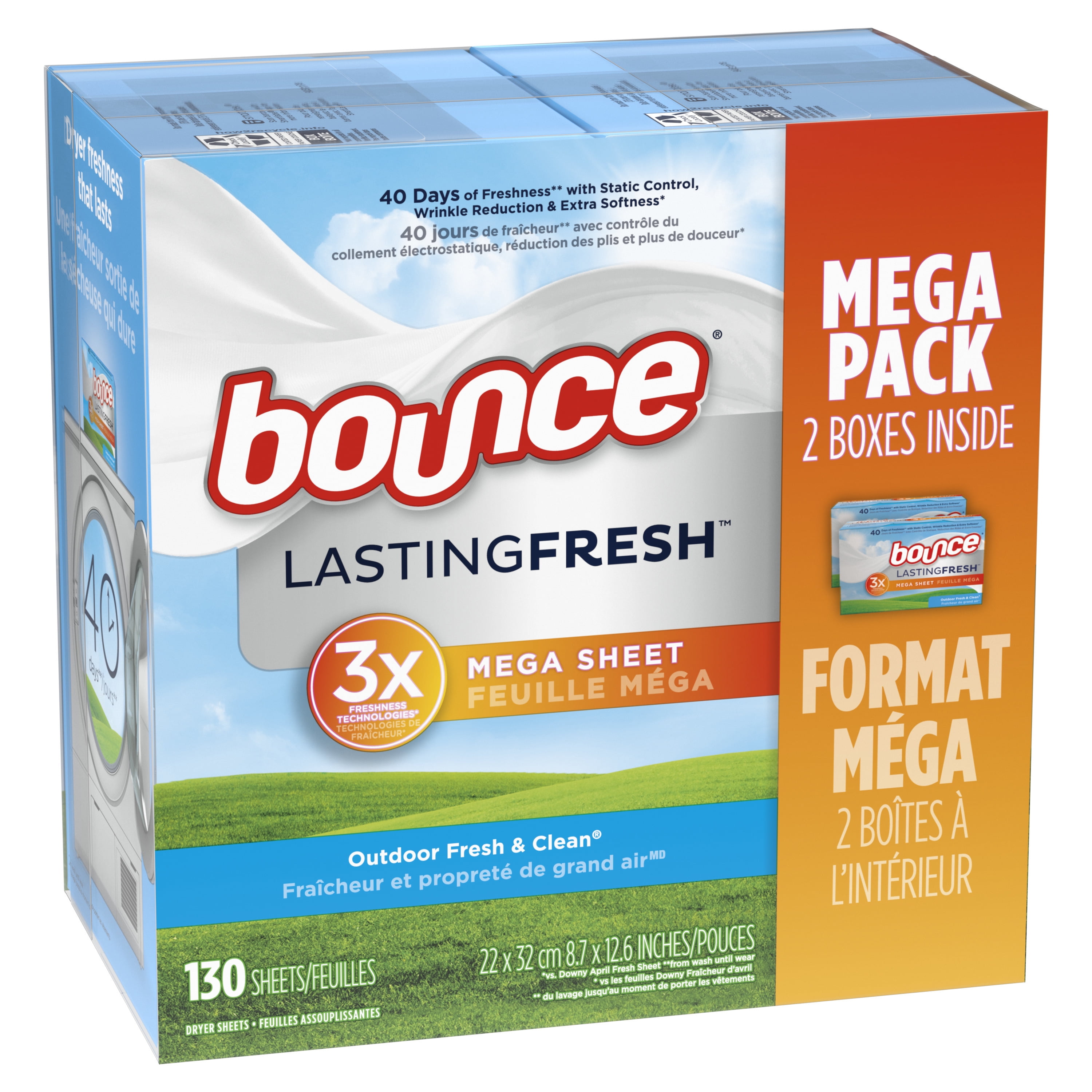 Bounce Lasting Fresh Mega Dryer Sheets, 130 ct, Outdoor Fresh & Clean Fabric Softener Sheets
