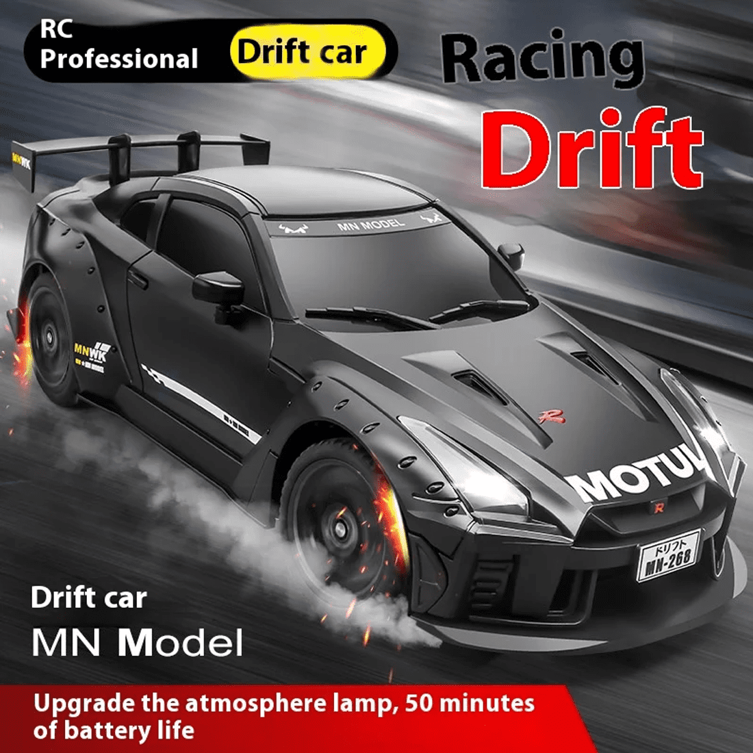 1/16 Scale GTR R35 RC Drift Car, 4WD Rear-Wheel Drive Remote Control Car with Gyro Control, LED Light, for Drift & Grip Tire, 20km/h High-Speed, 2.4G Full-Proportional Racing Vehicle for Adults